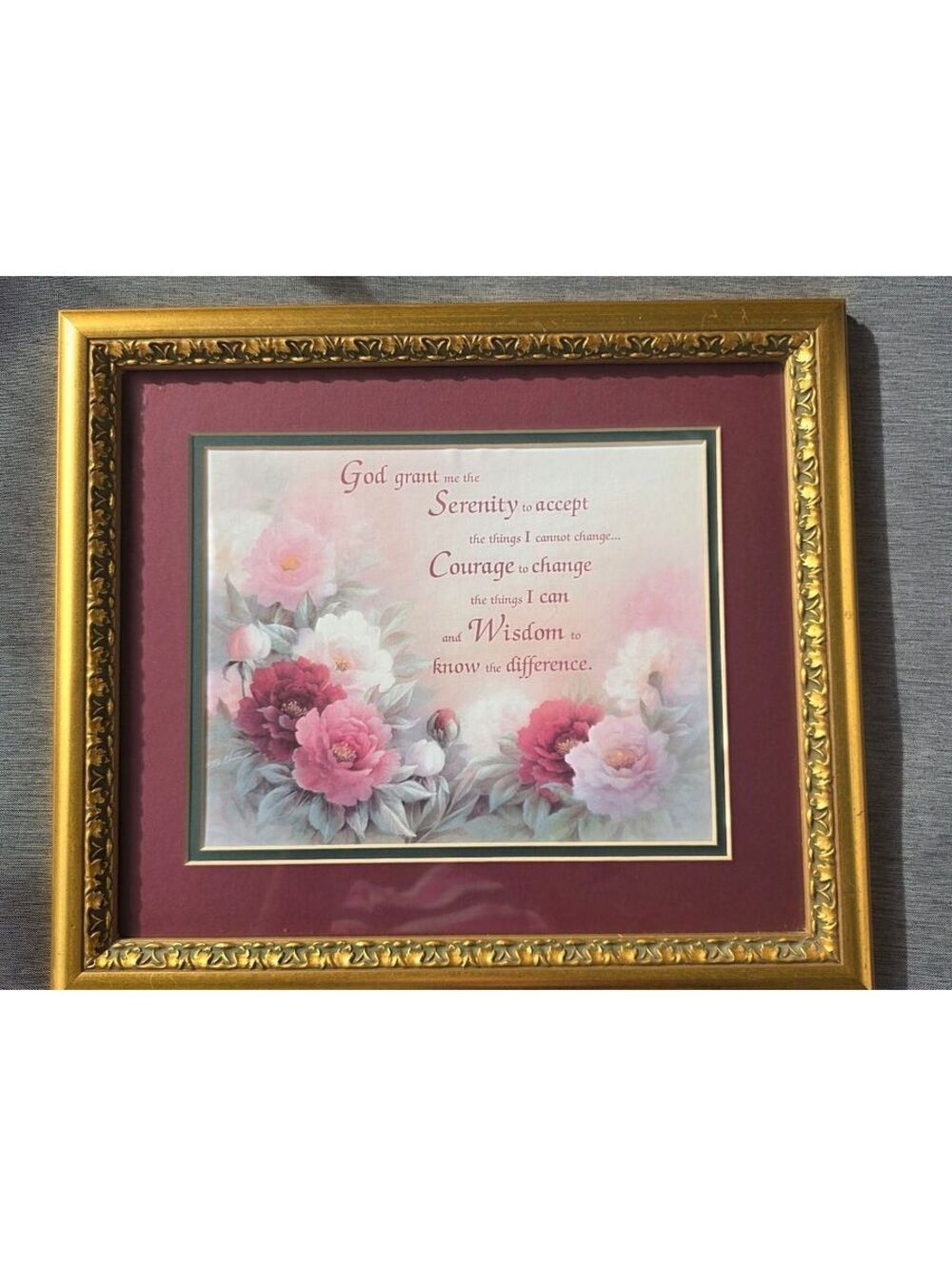 Framed Floral Serenity Prayer Wall Art with Ornate Gold Frame and Burgundy Mat